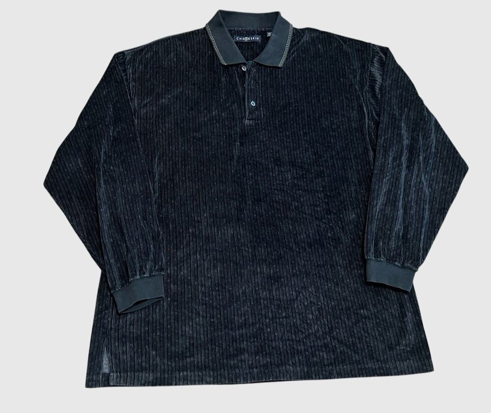 Vintage 90s Chereskin Soft Velour Navy Blue Geometric Long Sleeve Polo Shirt XL
